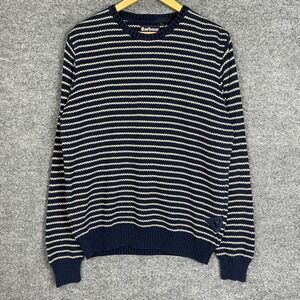 Barbour Sweater Mens M Navy Blue Excellent Striped Cotton Linen Crew Neck Knit